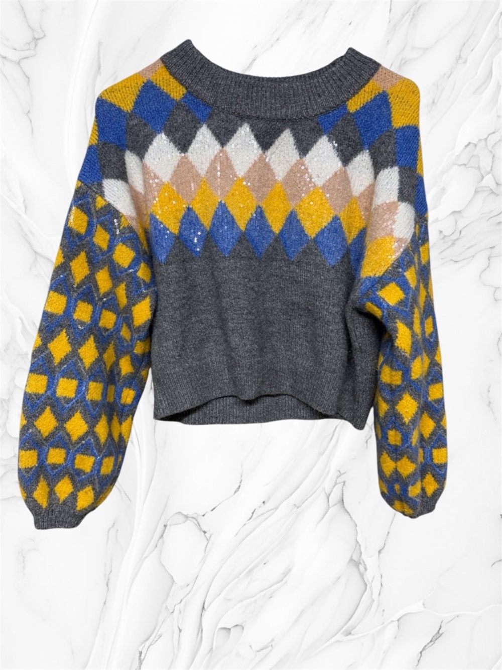 Zara Gray Crewneck Sweater with Yellow, Blue & Cream Argyle sequins print small